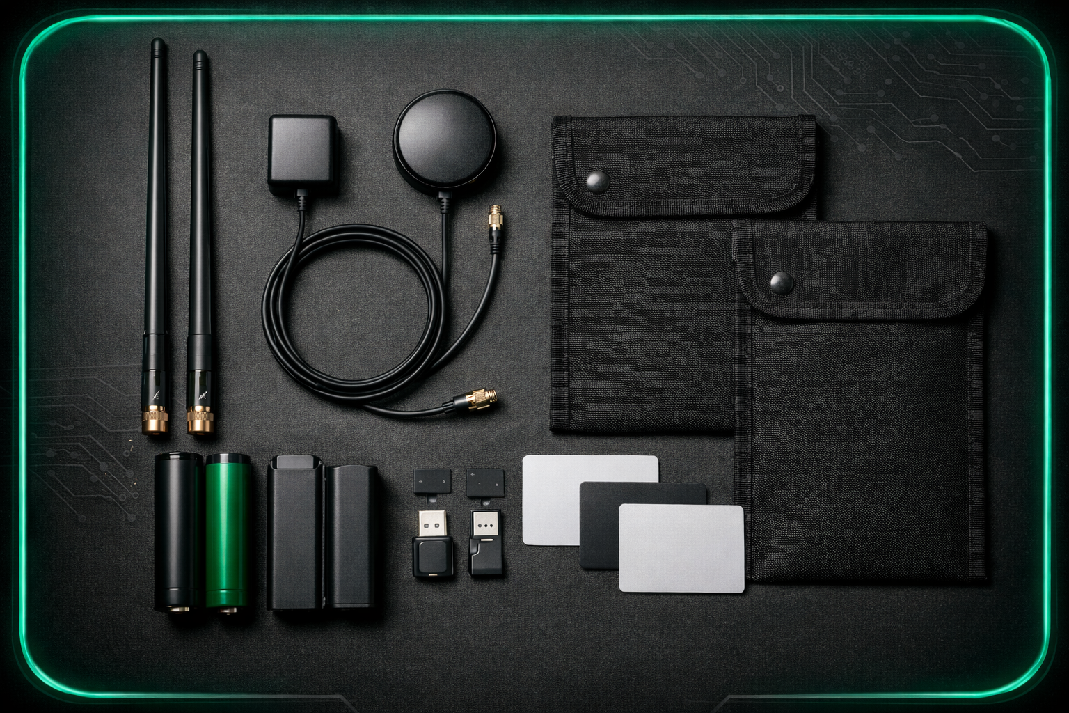 Cybersecurity pentesting accessories including RF antennas, Faraday bags, RFID tags, and field power solutions