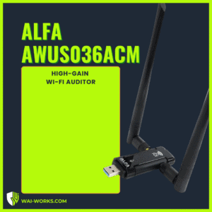 High-gain Alfa AWUS036ACM 802.11ac Wi-Fi adapter with dual antennas for enhanced signal.