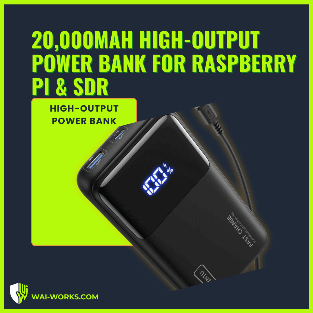 Portable 20,000mAh high-output power bank for Raspberry Pi and SDR devices. Perfect for on-the-go po.