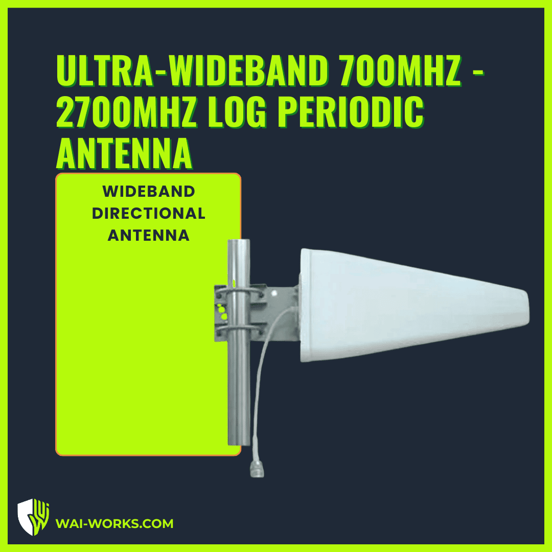 Log Periodic Antenna for ultra-wideband 700MHz to 2700MHz frequency range.