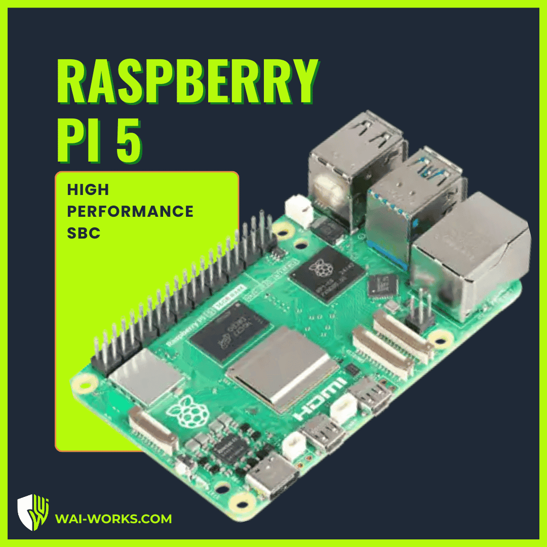Raspberry Pi 5 with 8GB RAM, featuring multiple ports and high performance for various projects.