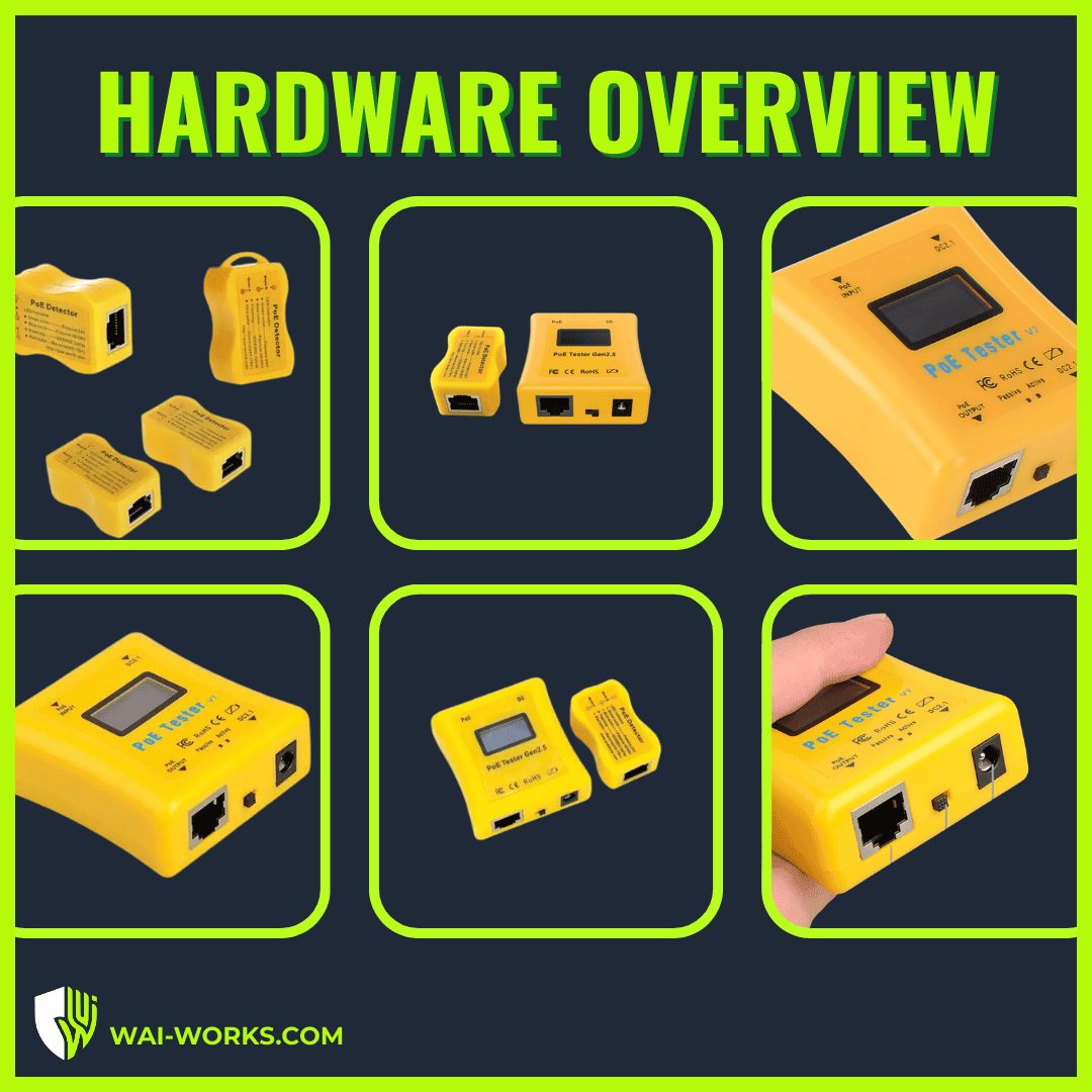 PoE power tester for network cables and devices, compact yellow design.