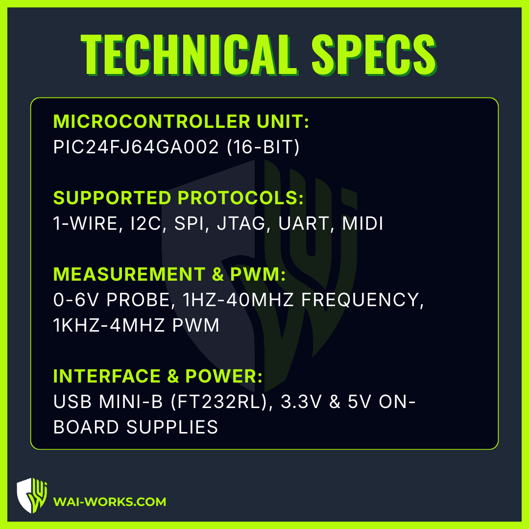 Universal serial interface device for security testing and electronics projects.
