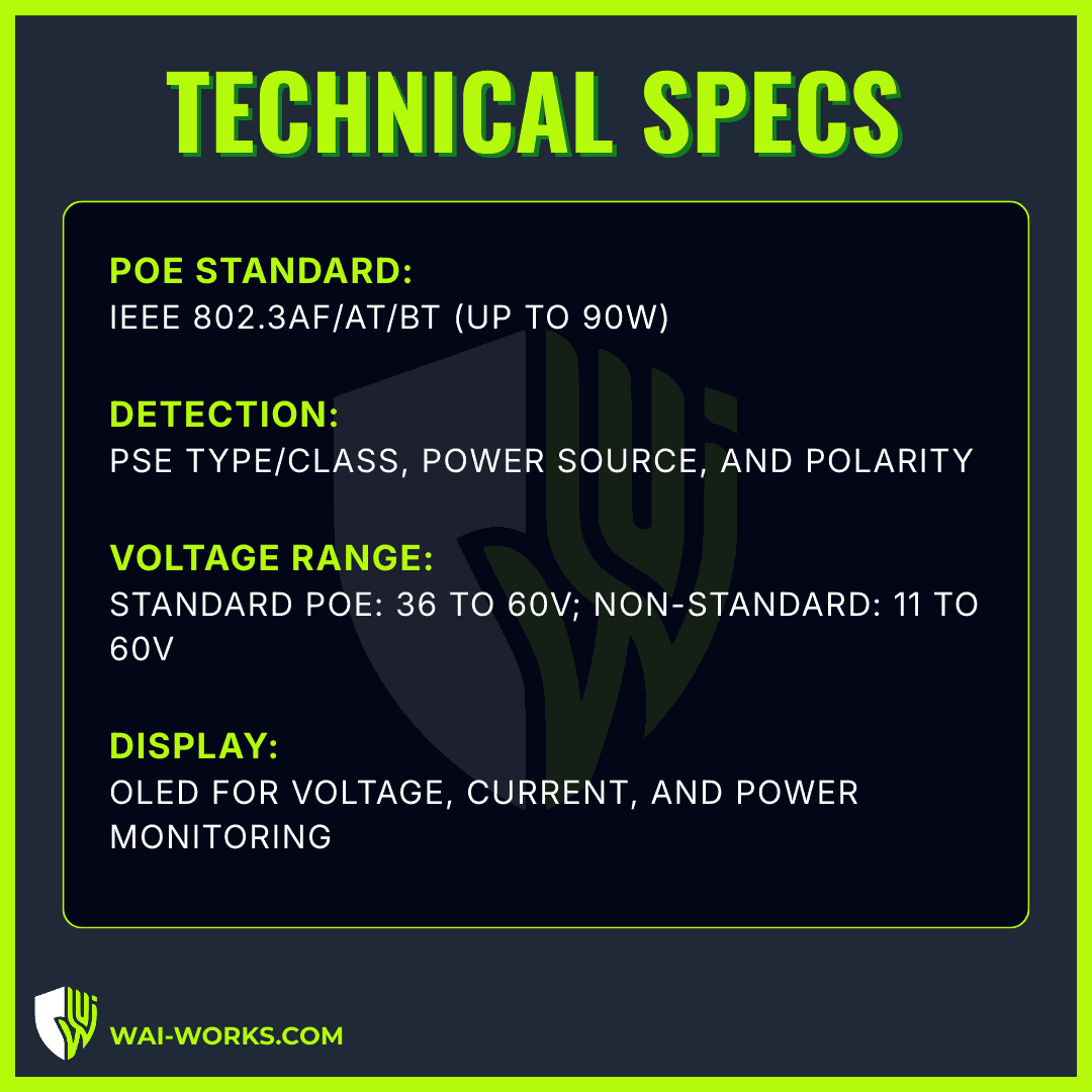 PoE inline power tester for network cables and voltage detection.