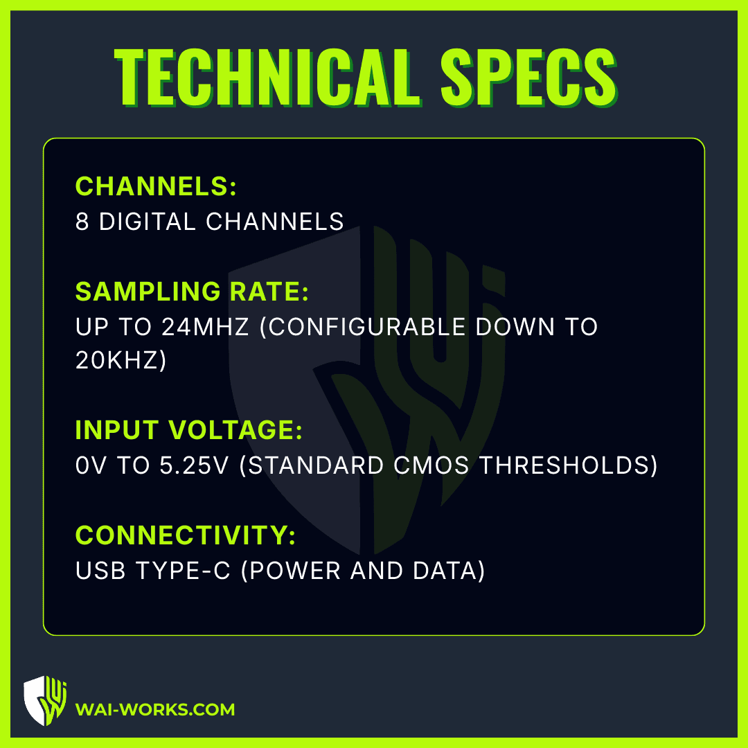 High-resolution 8-channel USB logic analyzer for digital signal analysis.