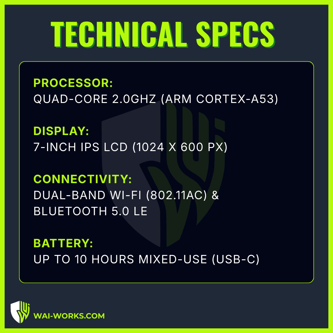 An image of the Amazon Fire Tablet (Pentest Edition) showcasing its technical specs for IoT security.