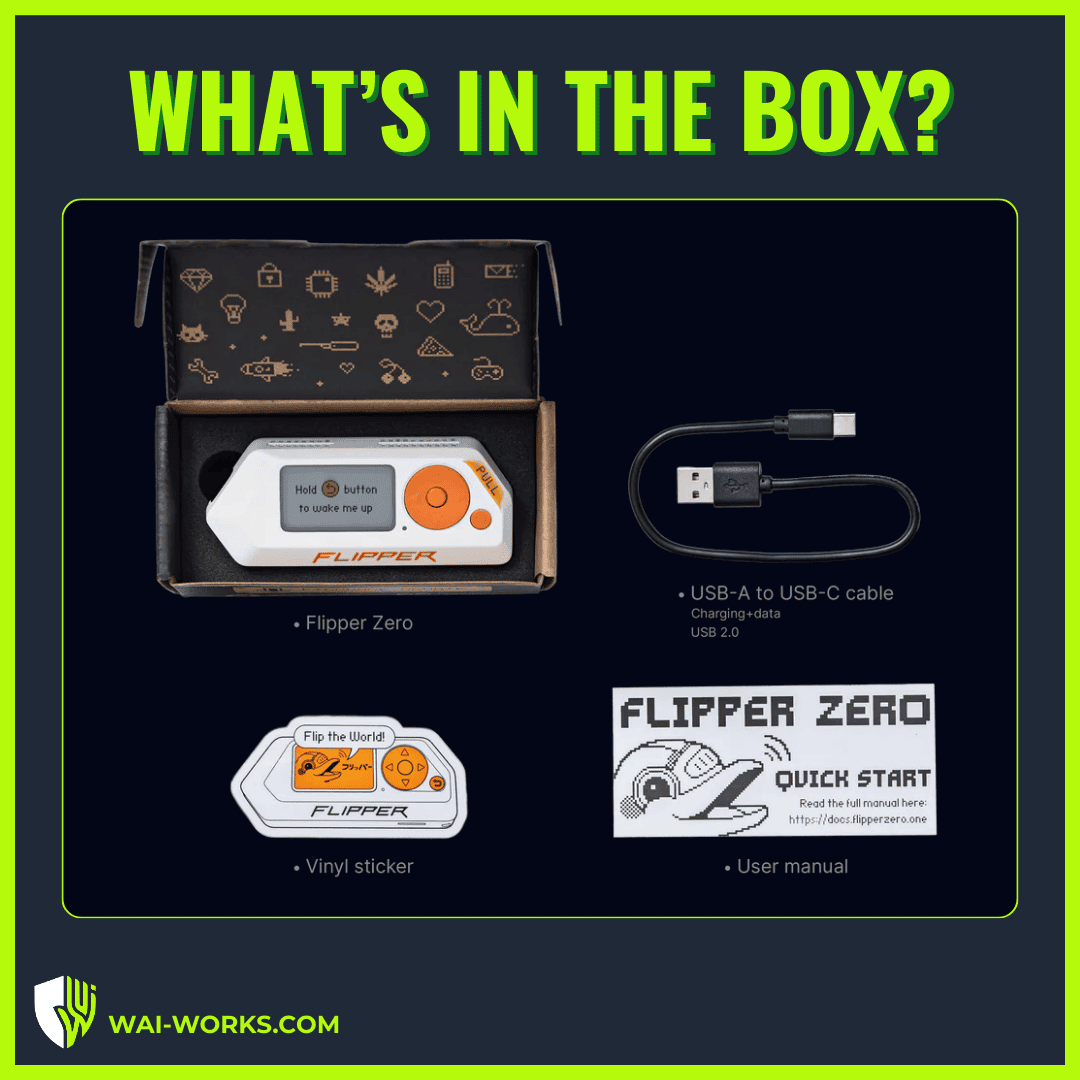 Flipper Zero device with accessories for hacking and security testing.
