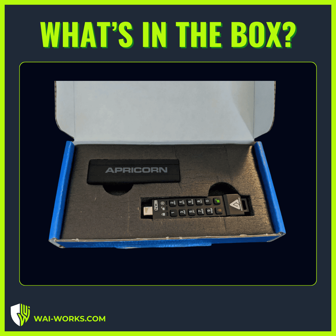 Encrypted USB security device in box for data protection.