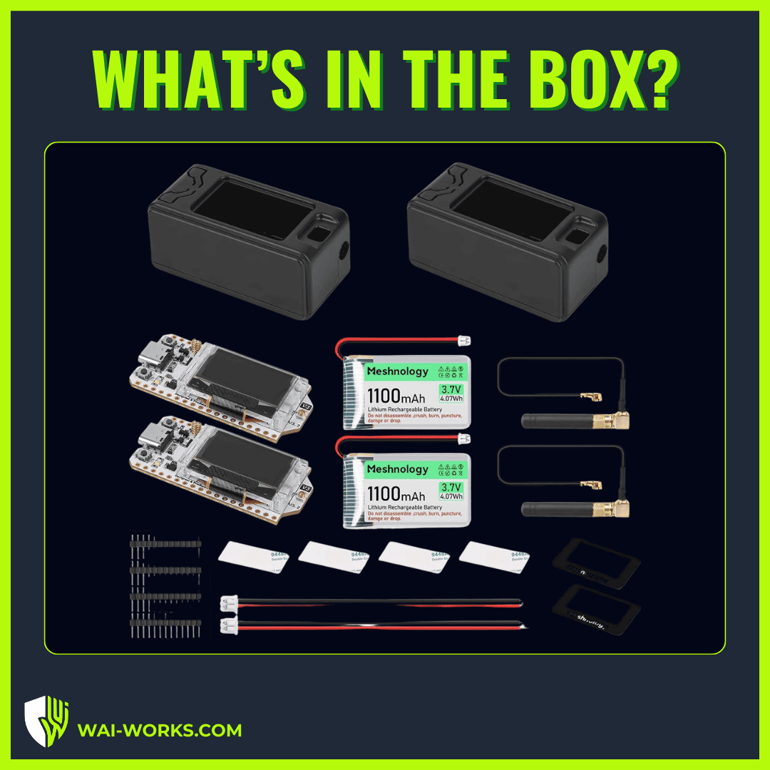 Compact Meshnology N30 LoRa/Meshtastic node with accessories for mesh networks.