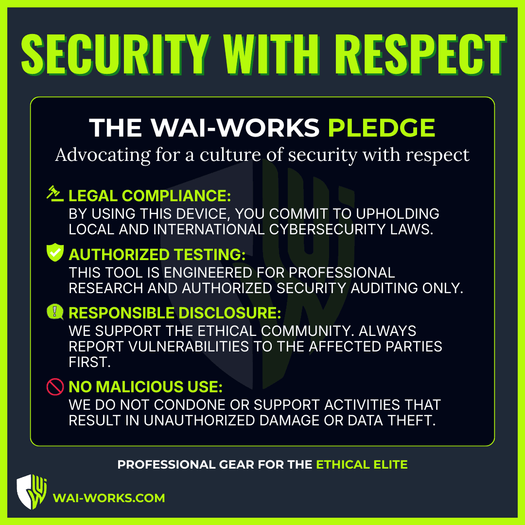 Security pledge poster emphasizing legal compliance and responsible disclosure in cybersecurity.