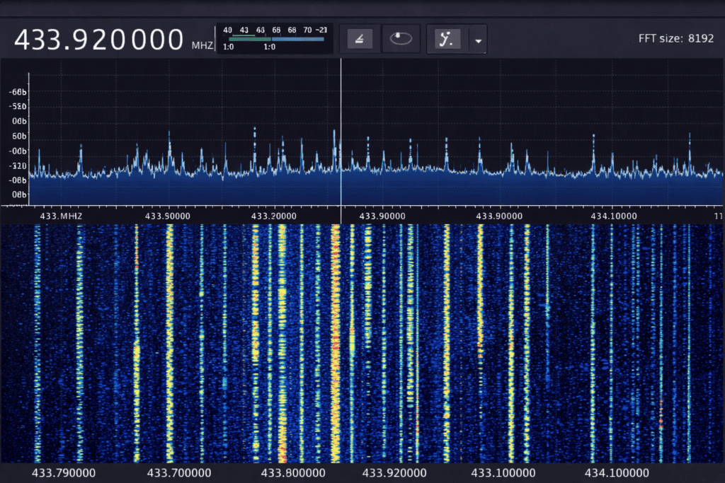 Spectrum analyzer displaying sub-GHz signals from car keys and IoT devices.