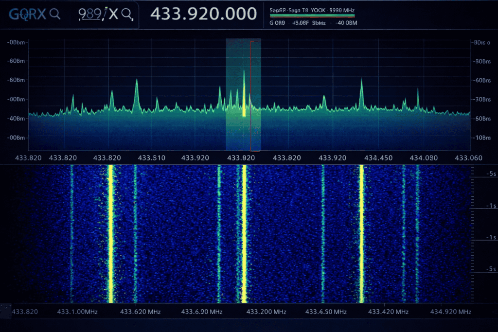High-quality RTL-SDR spectrum display capturing sub-GHz signals for security analysis and research.