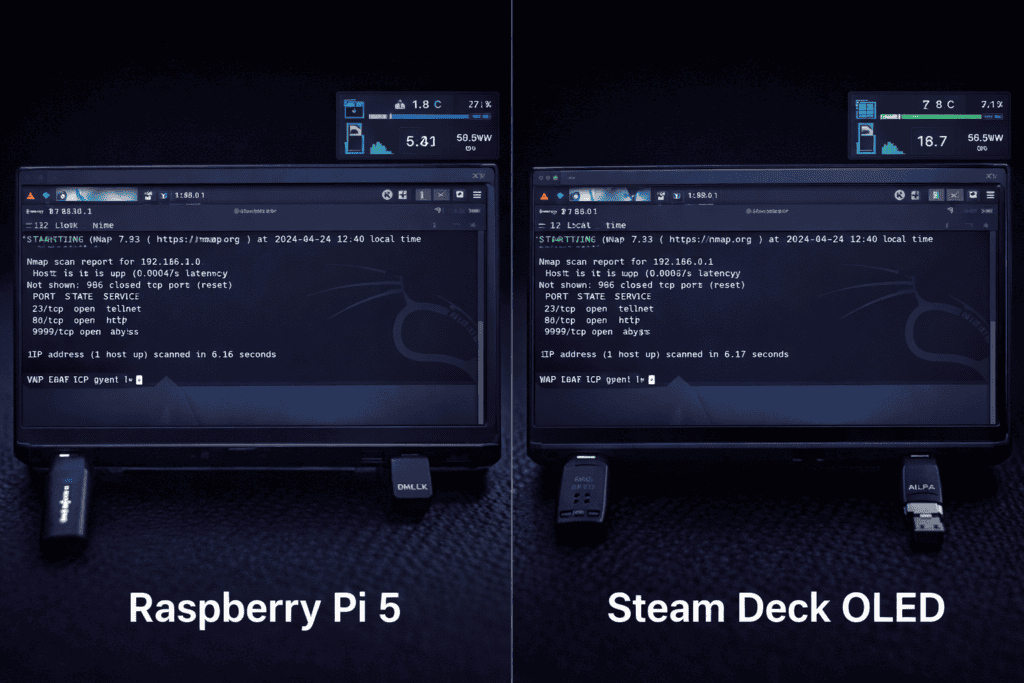 Side-by-side comparison of Raspberry Pi 5 and Steam Deck OLED for pentesting setups.