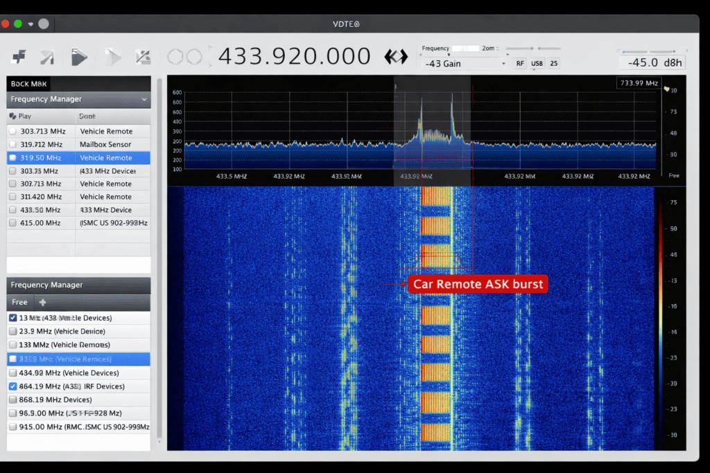 RTL-SDR spectrum display showing sub-GHz signals and a car remote ASK burst.