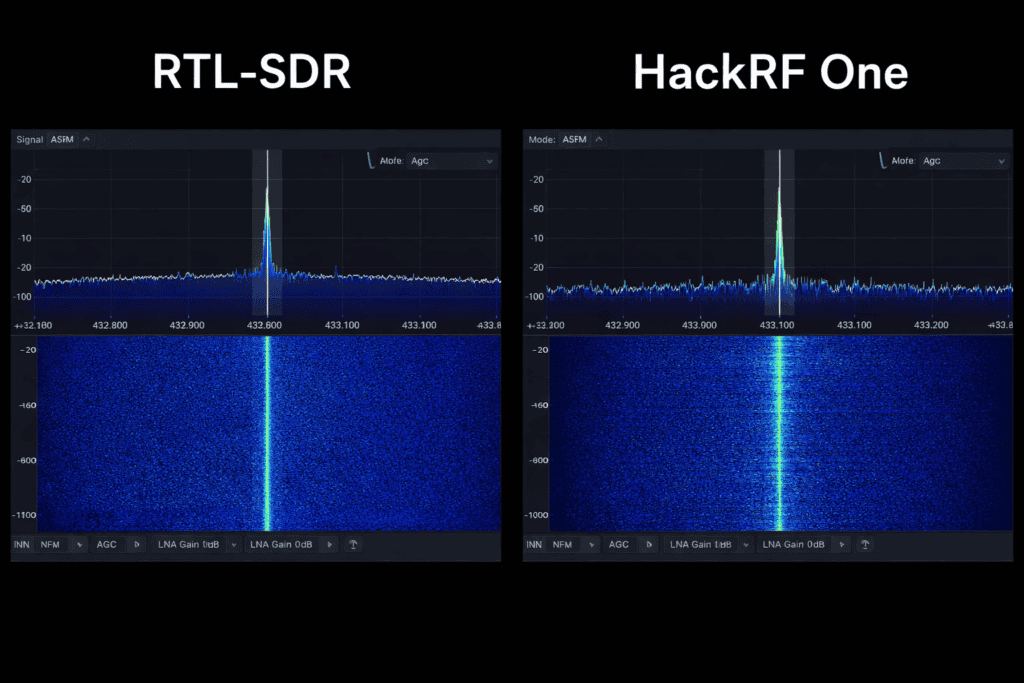 Comparison of HackRF One and RTL-SDR spectrum analyzers for RF security testing.