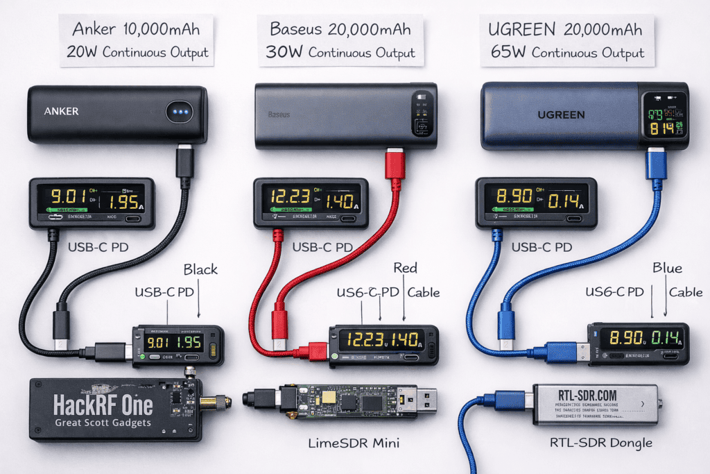 Portable power banks with USB-C PD for SDR and RF hacking tools.