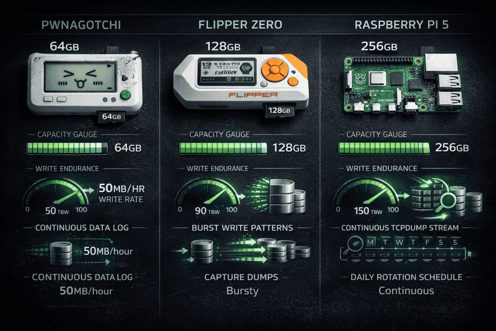 MicroSD cards used for data logging in IoT pentesting devices like Pwnagotchi, Flipper Zero, and Ras.