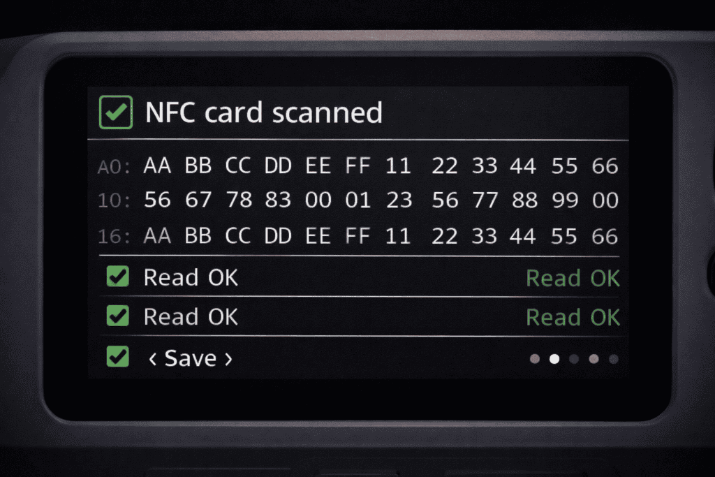 NFC card scanning device displaying successful read status and data output.